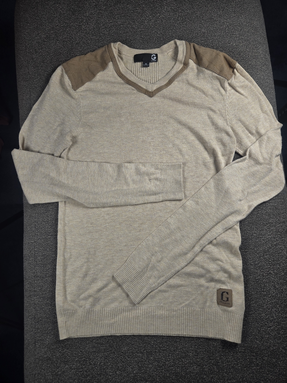 G by Guess Men’s Beige V-Neck Sweater with Brown Shoulder Accents